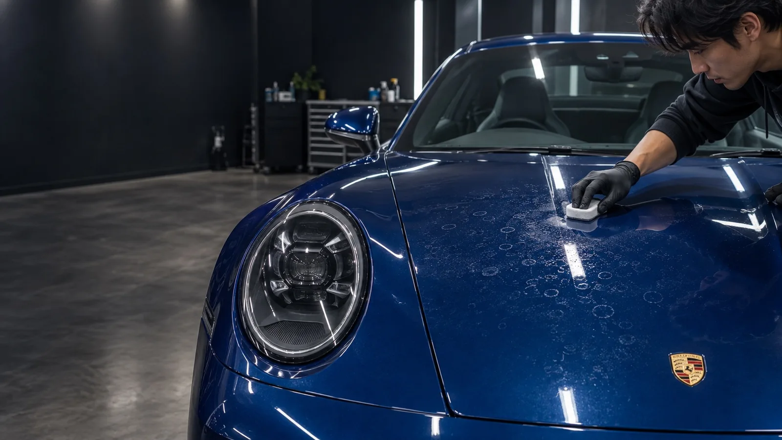 青いポルシェ911の水垢ケア
